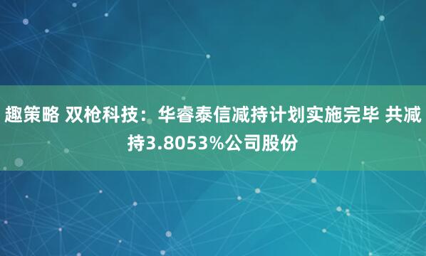 趣策略 双枪科技：华睿泰信减持计划实施完毕 共减持3.8053%公司股份
